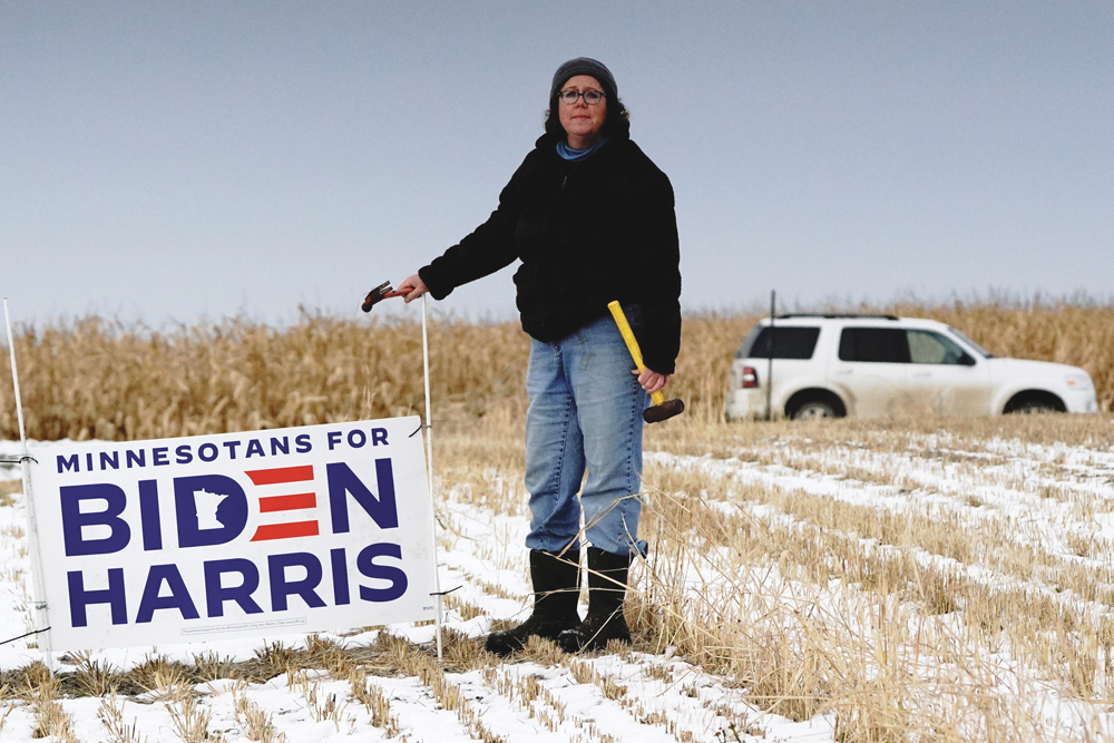 Meg Stuedemann, an organic farmer southwest of Minneapolis at Belle Plaine, Minn., stakes out her position ahead of the Nov. 3 U.S.  election, the outcome of which may further sway commodity markets.
