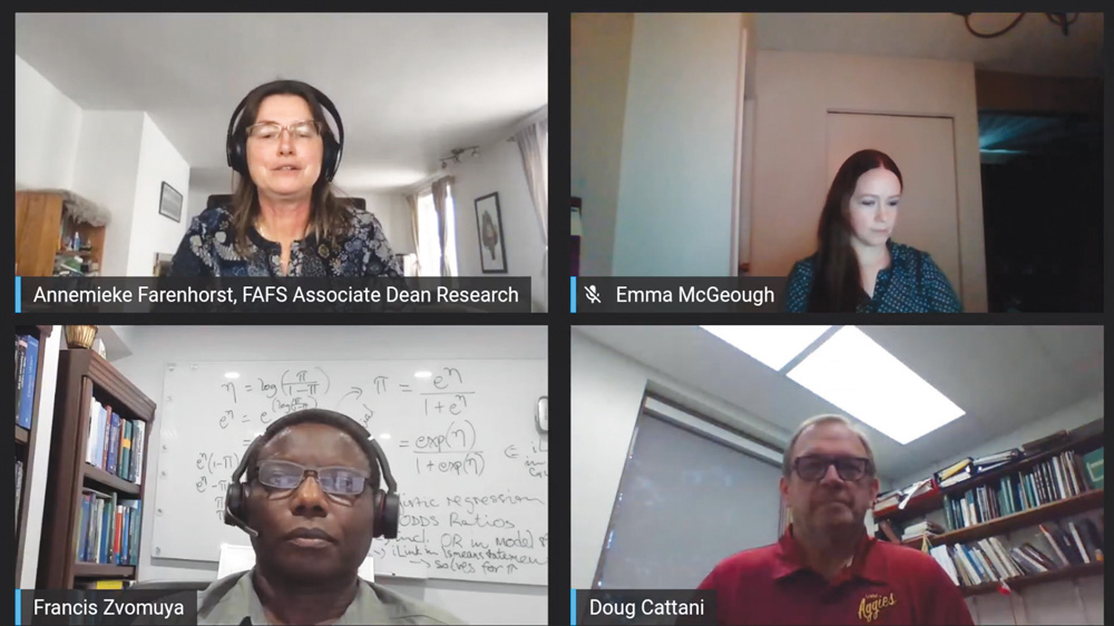 Annemieke Farenhorst hosts University of Manitoba researchers Emma McGeough, Doug Cattani and Francis Zvomuya in a webinar explaining their intermediate wheatgrass study on October 21.