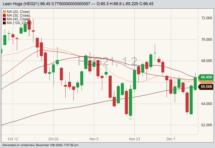 CME February 2021 lean hogs with 20-, 30-, 40- and 100-day moving averages. (Barchart)
