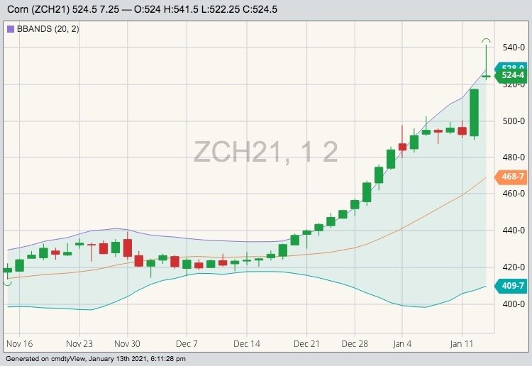 CBOT March 2021 corn with Bollinger (20,2) bands. (Barchart)
