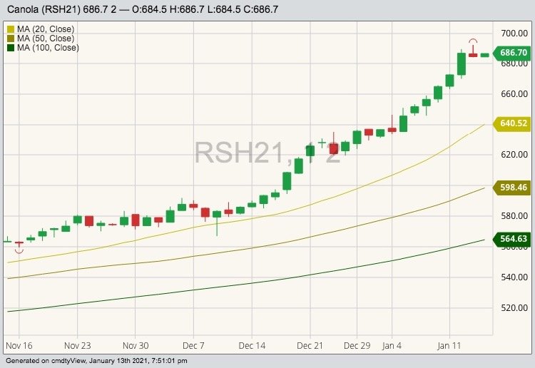 ICE March 2021 canola with 20-, 50- and 100-day moving averages. (Barchart)
