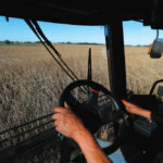 A worker drives a combine through a soybean field in Chivilcoy, on the outskirts of Buenos Aires on April 8, 2020. Argentina is poised to harvest a sizable soy crop in 2021.