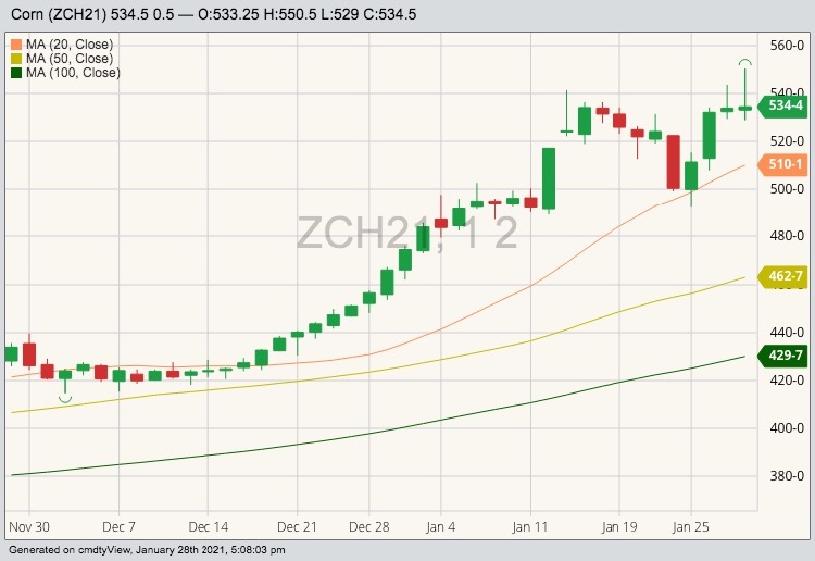 CBOT March 2021 corn with 20-, 50- and 100-day moving averages. (Barchart)
