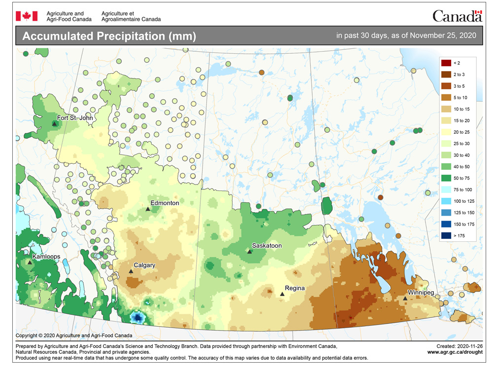 This map shows the total amount of precipitation that fell across the Prairies over the seven-day period ending on December 28. Usually I don’t show these short time period maps, but this map does a great job of capturing a storm system that tracked across the south-central Prairies dropping between five and 15 cm of snow.