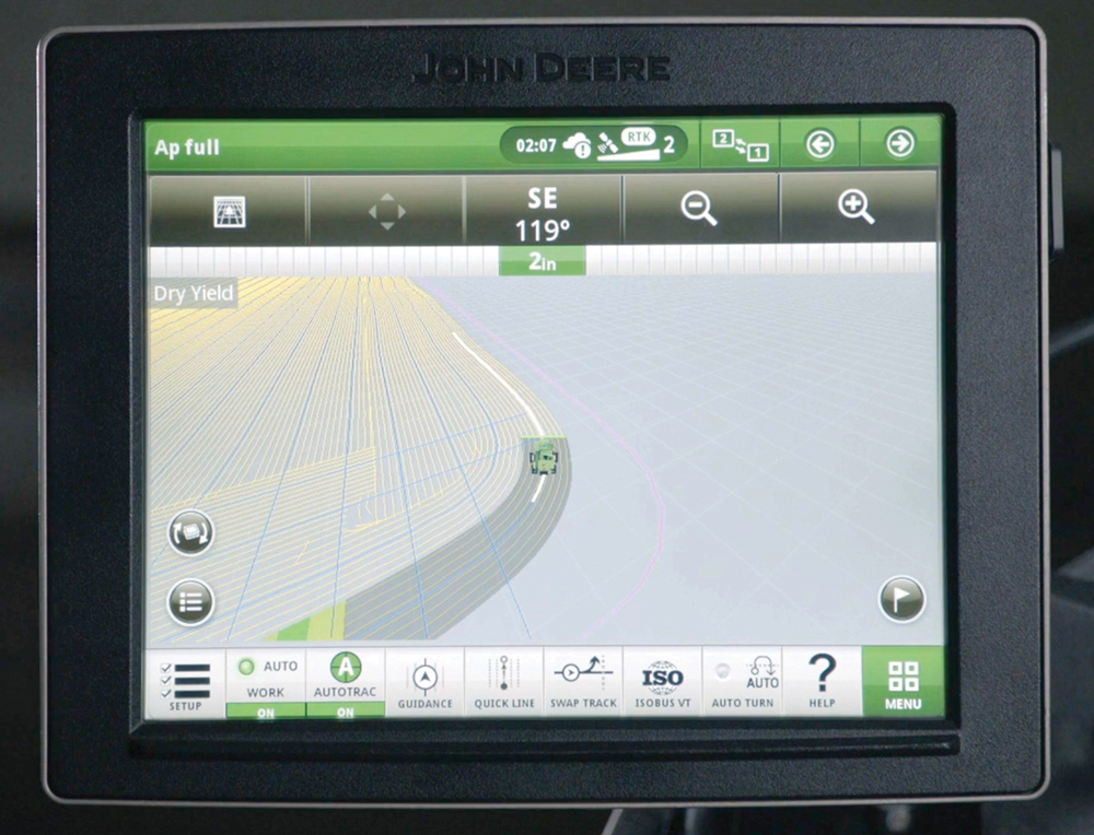 John Deere’s AutoPath guidance records the actual position of crop rows and stores the information, allowing for more accurate in-season passes during spraying and harvesting. Photo: John Deere