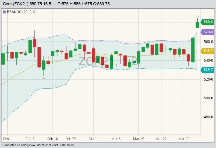 CBOT May 2021 corn with Bollinger (20,2) bands. (Barchart)
