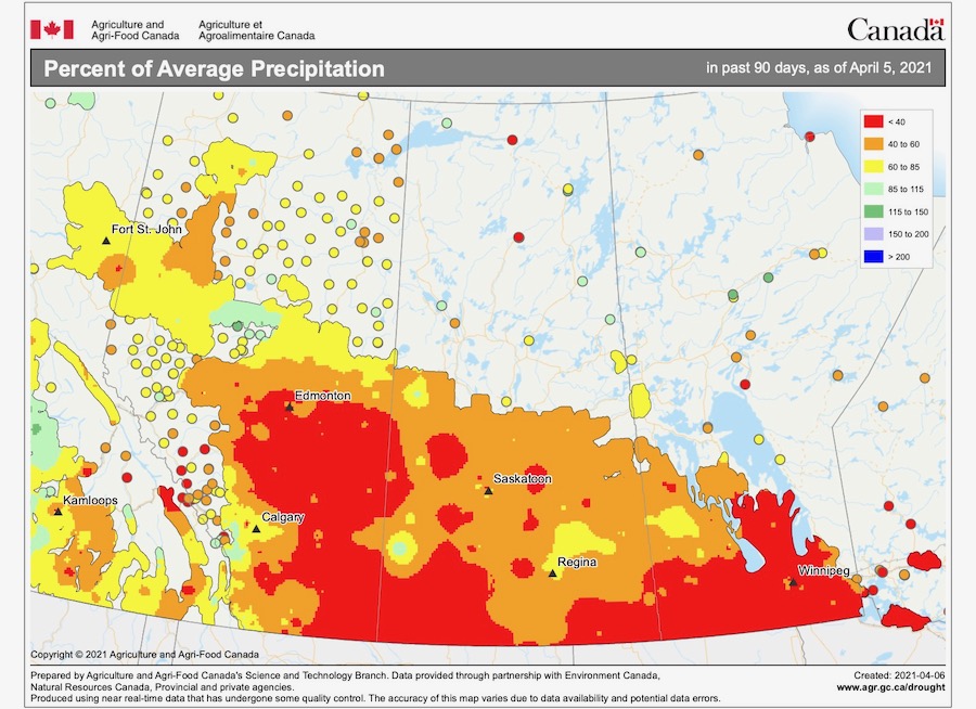 Percentage of average precipitation in Western Canada for the 90 days ending April 5, 2021. (Agriculture and Agri-Food Canada map)
