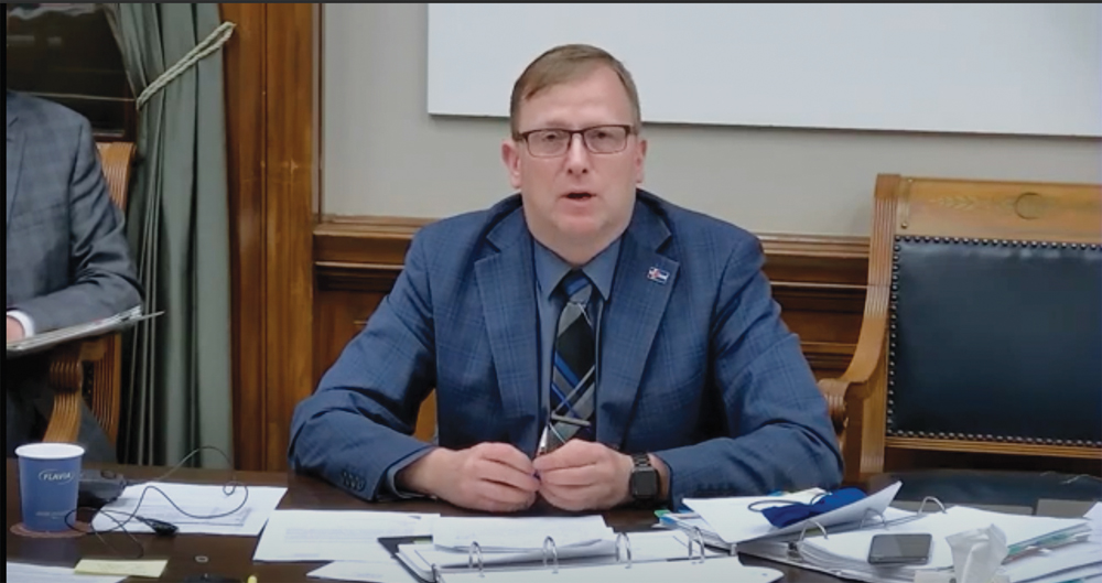 Derek Johnson, minister of municipal relations, speaks during a meeting of the standing committee on social and economic development on April 19.  photos: SCREENSHOT/KAP
