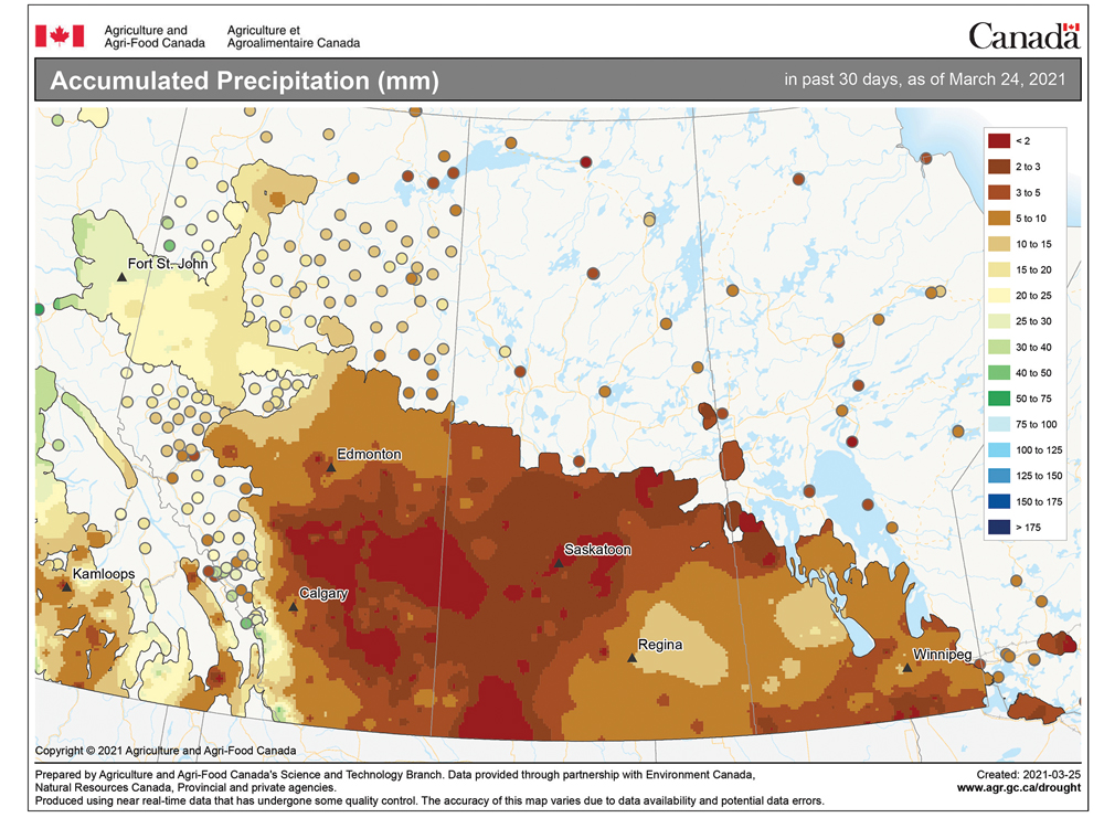 This map shows the total amount of precipitation that fell across the Prairies during the 30-day period ending March 24. We’re starting to run out of ways to show how dry it has been. Most areas here saw less than 10 mm. The only wet area to be found is in far- northeastern Alberta.