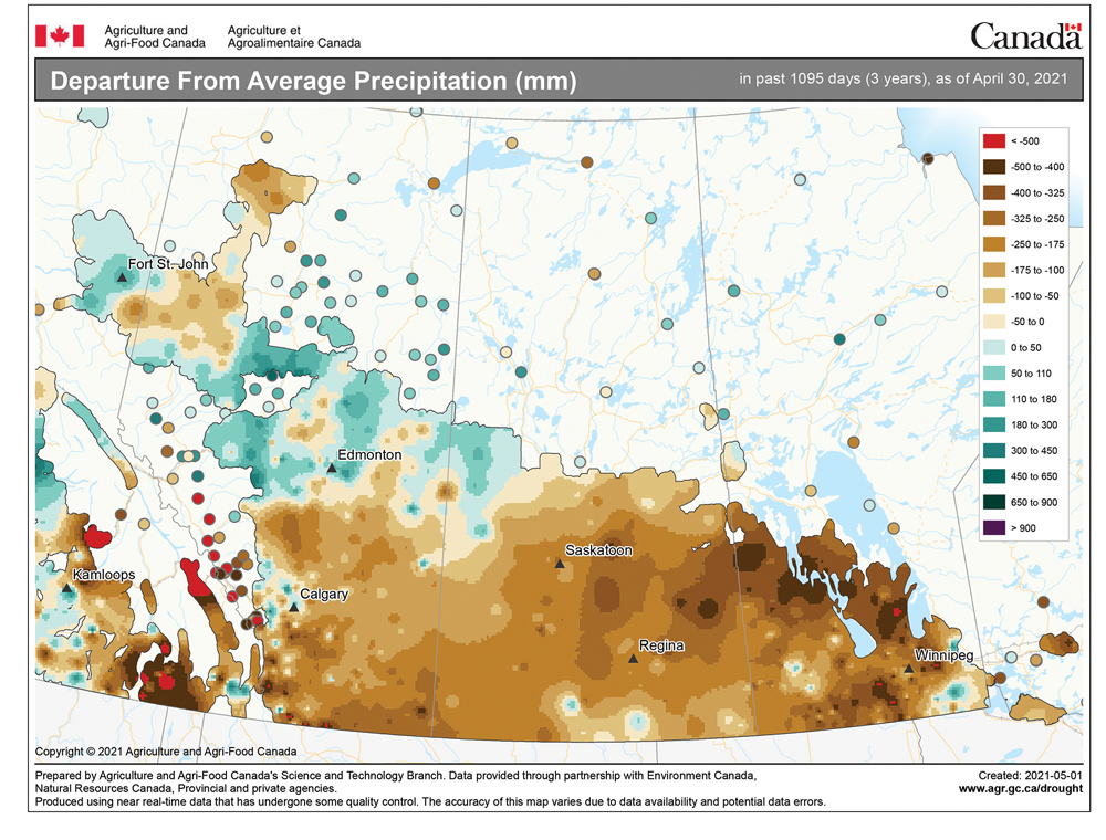 This map shows the departure from average precipitation over the last three years across the Prairies. Except for parts of Alberta north of Edmonton, nearly all regions are reporting a precipitation deficit. Manitoba and eastern Saskatchewan have the highest deficits, with some areas seeing deviations of over 400 mm.