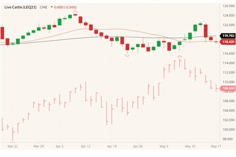 CME August 2021 live cattle (candlesticks) with 20- and 50-day moving averages (brown, black lines) and June 2021 lean hogs (pink high/low/close). (Barchart)
