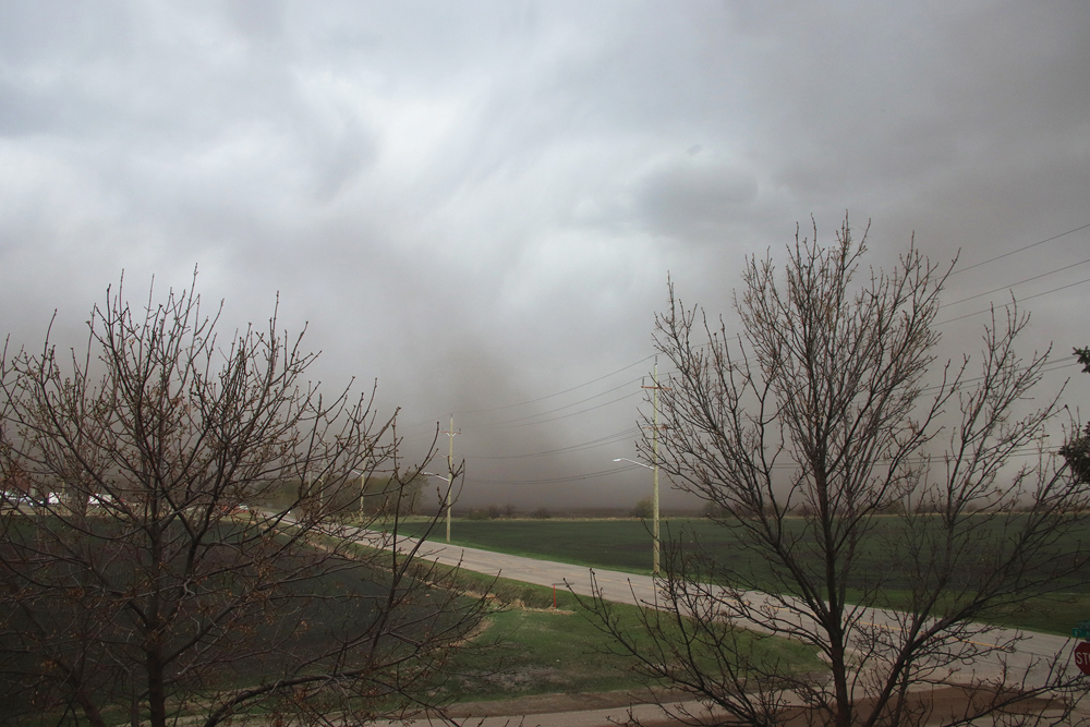 A very dry period caused a major bout of blowing dust earlier this month, seen here near the outskirts of Portage la Prairie.