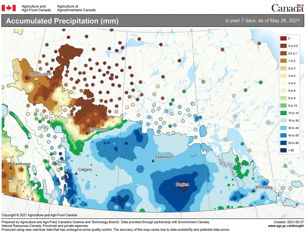 This map shows the total amount of precipitation that fell during the seven days ending May 26. This map captures the moisture that fell during this unsettled period and shows significant precipitation falling across nearly all of agricultural Manitoba and Saskatchewan, along with southern and central Alberta. While not a total drought-buster event, it was a good start.