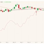 CME August 2021 live cattle (candlesticks) with 20- and 100-day moving averages (brown and black lines) and CME August 2021 lean hogs (pink line). (Barchart)