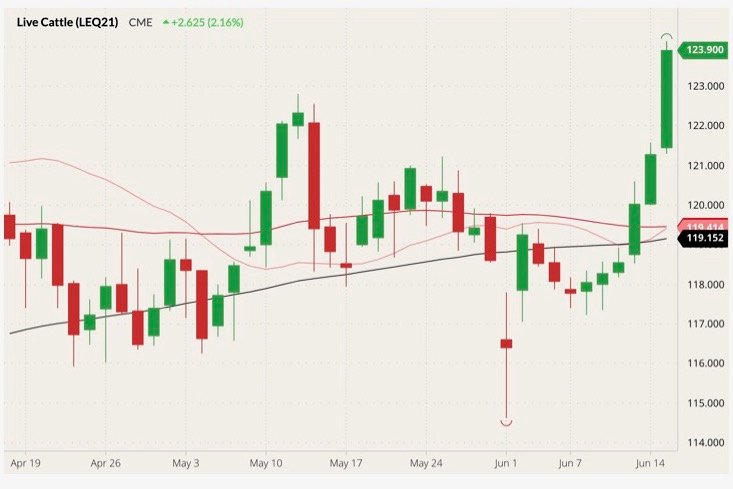 CME August 2021 live cattle with 20-, 50- and 100-day moving averages (pink, red and black lines). (Barchart)
