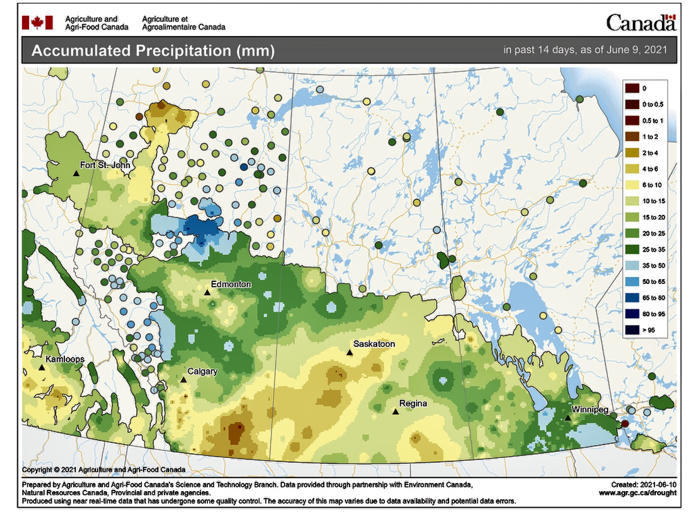 This map shows the total amount of precipitation that fell across the Prairies during the two-week period ending June 9. While I wouldn’t say the drought is over, showers and thunderstorms brought some significant rainfall to southern and central Manitoba, with some regions reporting over 50 mm of rain.