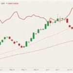 CME August 2021 lean hogs (candlesticks) with 20- and 50-day moving averages (pink and brown lines) and August 2021 live cattle (red line). (Barchart)