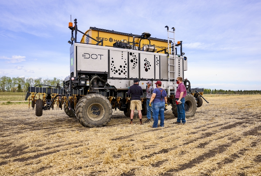 While the DOT autonomous platform (shown here at a recent seeding demonstration at the Olds College Smart Farm) is scaled for large farms, others are designed for small operations, such as vineyards and orchards. But both represent important milestones in the evolution of farm equipment, say experts.