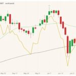 CBOT November 2021 soybeans (candlesticks) with 20- and 100-day moving averages (green and black lines) and ICE November 2021 canola (yellow line, left column). (Barchart)

