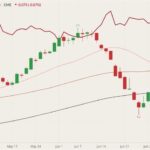 CME August 2021 lean hogs (candlesticks) with 20-, 50- and 100-day moving averages (pink, brown and black lines) and August 2021 live cattle (dark red line). (Barchart)