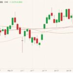 CME August 2021 feeder cattle (candlesticks) with 20-, 50- and 100-day moving averages (pink, brown and dark red lines). (Barchart)