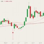 CME August 2021 live cattle (candlesticks) with 20-, 50- and 100-day moving averages (pink, brown and dark red lines). (Barchart)