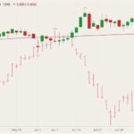 CME August 2021 live cattle (candlesticks) with 100-day moving average (red line) and August 2021 lean hogs (pink open/high/low/close). (Barchart)