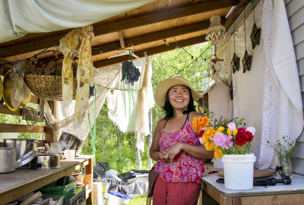 Lourdes Still in her flower and dye workshop on her farm near La Broquerie in southeastern Manitoba.
