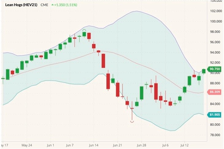 CME October 2021 lean hogs (candlesticks) with Bollinger (20,2) bands. (Barchart)

