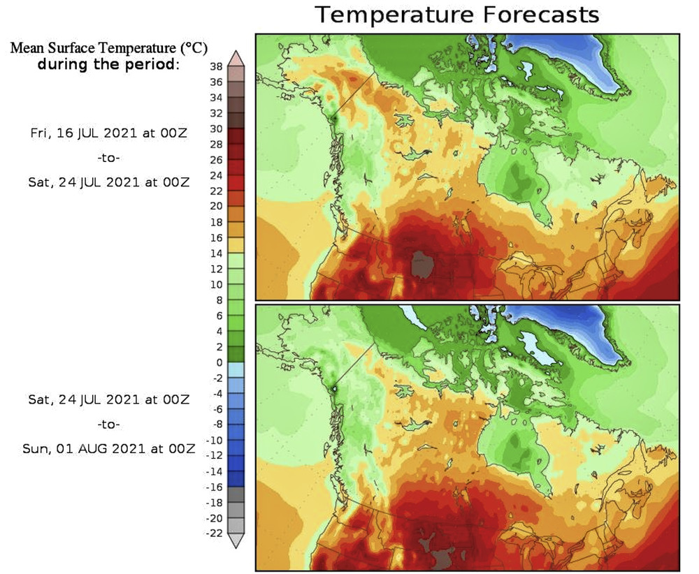 This map shows the forecasted mean daily temperatures across North America for the weeks of July 16 to 24 (first map) and July 24 to August 1 (second map). As you can see, it looks to be hot with mean daily temperatures forecasted to be in the 24 to 28 C range, about 4 to 6 C above average.