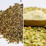 Hemp (seeds shown at left) will soon be blended with peas (shown at right) to create a high-protein flour.