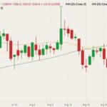 CBOT December 2021 corn (candlesticks) with 20-, 50- and 100-day moving averages (yellow, orange and dark green lines). (Barchart)
