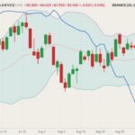 CME October 2021 lean hogs (candlesticks) with Bollinger bands (20,2) and CME lean hog cash index (blue line, left column). (Barchart)
