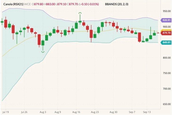 ICE November 2021 canola (candlesticks) with Bollinger bands (20,2). (Barchart)
