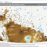 This map shows the amount of precipitation that has fallen this growing season (April 1 to Sept. 8) across the Prairies as a departure from average. A quick look at the map shows most areas were below average (browns), with only the areas near Regina, along the foothills southwest of Calgary and a small portion of the Peace River region receiving above-average amounts of precipitation.
