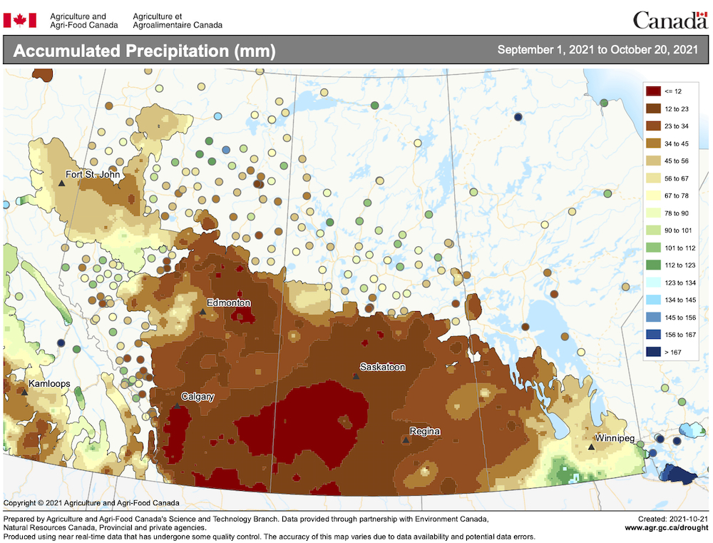 This map shows the amount of precipitation that has fallen across the Prairies from Sept. 1 through Oct. 20. A quick look at the map shows just how dry it has been across nearly all of Alberta, Saskatchewan and western Manitoba. Extreme southern and eastern Manitoba have seen some relief from the dryness, with rainfall amounts in the 75- to 125-mm range.