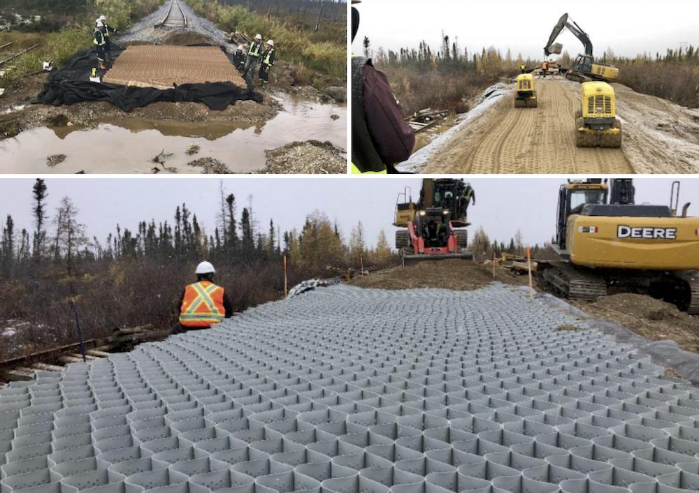 The operators of the rail line to Churchill say a honeycomb form, seen here empty, then filled with crushed rock, is central to their rehabilitation of the rail line over muskeg.