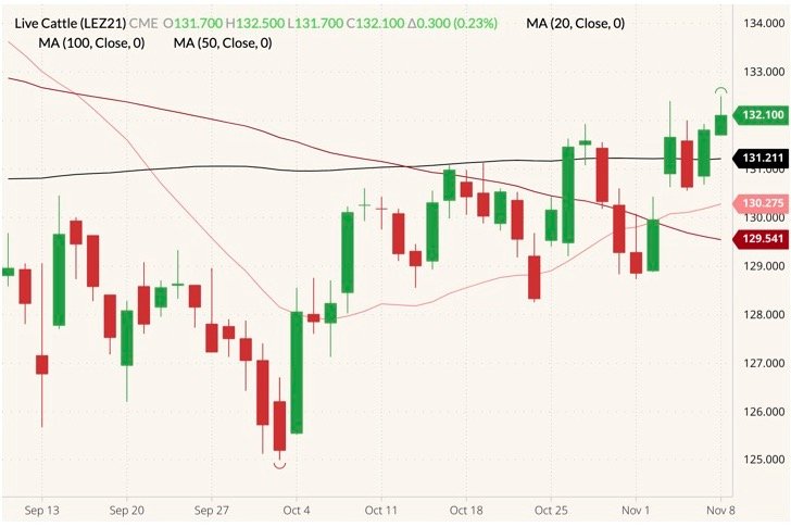 CME December 2021 live cattle (candlesticks) with 20-, 50- and 100-day moving averages (pink, dark red and black lines). (Barchart)
