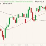 CME February 2022 live cattle (candlesticks) with 10-, 20- and 50-day moving averages (pink, dark red and black lines). (Barchart)
