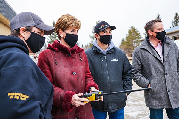 Federal Agriculture Minister Marie-Claude Bibeau (second from left) and Nate Horner (right), her Alberta counterpart, during a tour of Olds College&#8217;s Smart Farm on Thursday. (Photo: Olds College/Sergei Belski, www.oldscollege.ca)
