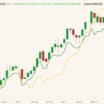 ICE January 2022 canola (candlesticks) with March 2022 (green line) and November 2022 canola (yellow line, left column). (Barchart)

