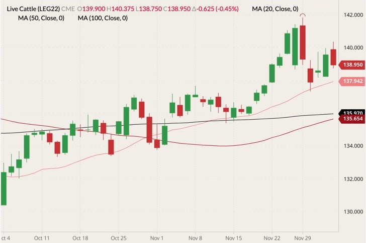 CME February 2022 live cattle (candlesticks) with 20-, 50- and 100-day moving averages (pink, dark red and black lines). (Barchart)

