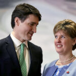 Prime Minister Justin Trudeau congratulates Marie-Claude Bibeau after she was sworn in as minister of agriculture and agri-food during a cabinet shuffle at Rideau Hall in Ottawa March 1, 2019.