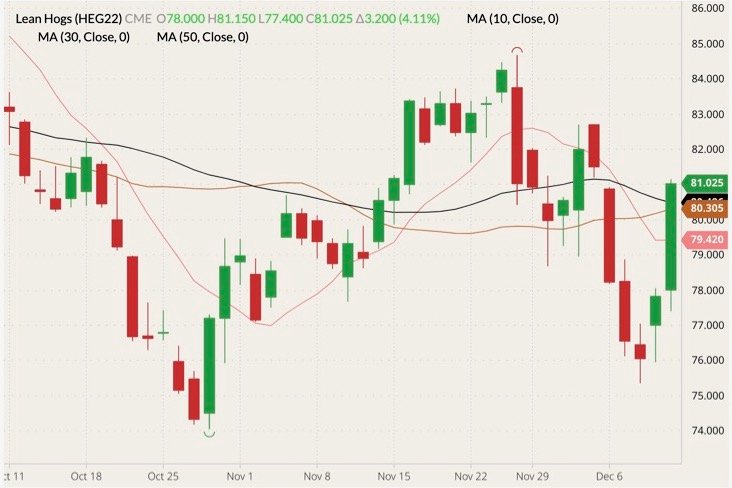 CME February 2022 lean hogs (candlesticks) with 10-, 30- and 50-day moving averages (pink, brown and black lines). (Barchart)
