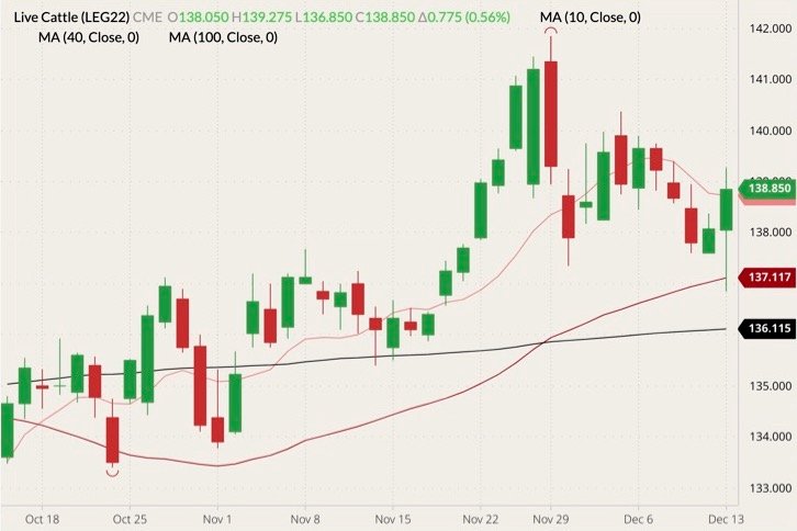 CME February 2022 live cattle (candlesticks) with 10-, 40- and 100-day moving averages (pink, dark red and black lines). (Barchart)
