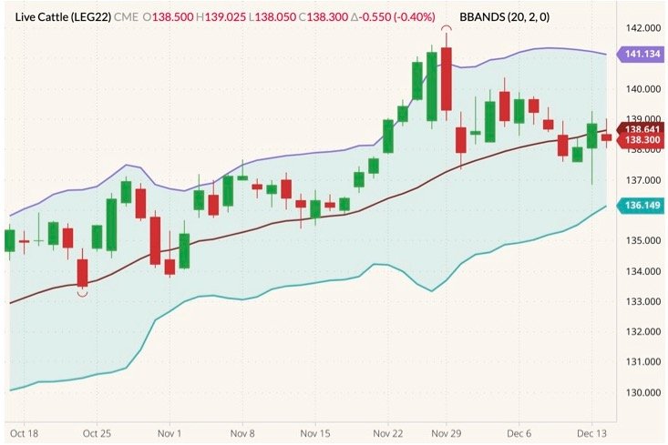 CME February 2022 live cattle (candlesticks) with Bollinger bands (20,2). (Barchart)
