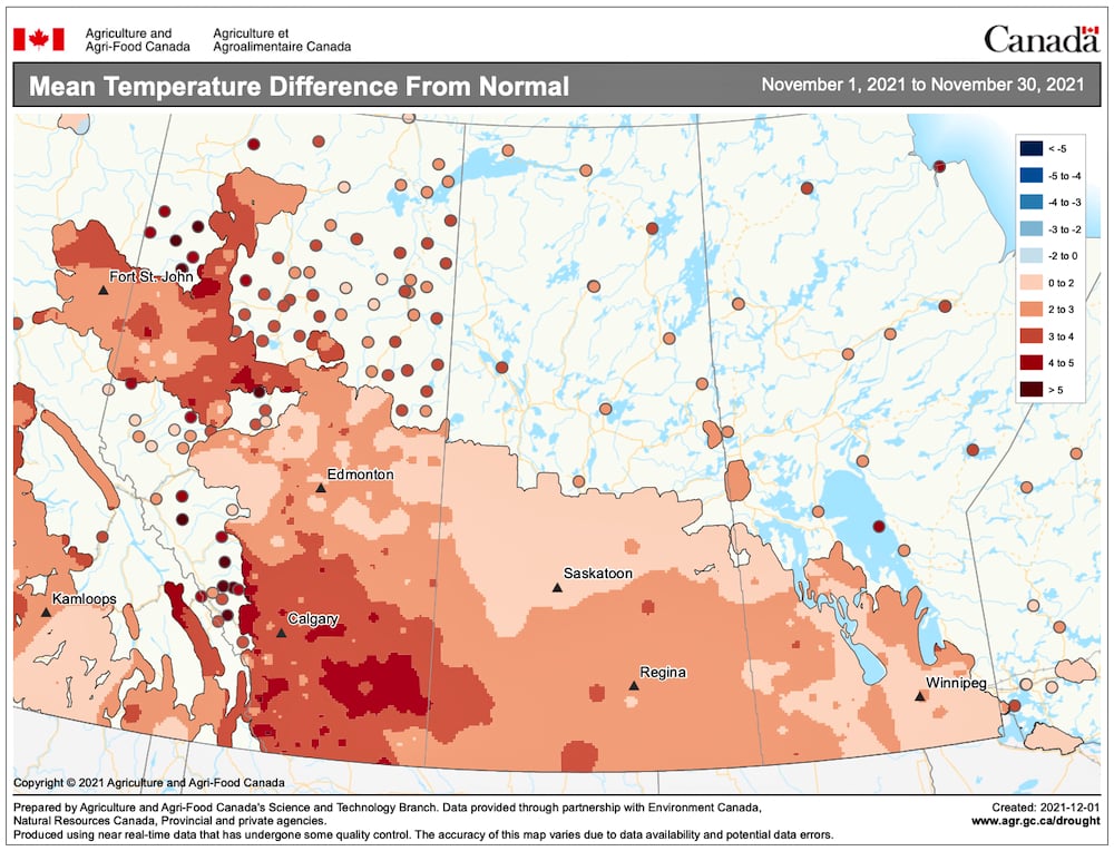 This map shows the temperature departure from average across the Prairies during November — and that no areas reported below-average temperatures. The region from Edmonton southeastward into southern Manitoba saw temperatures between 1 and 3 C above average. Across southern and northern Alberta, November temperatures were as much as 4 to 5 C above average.