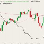 CME February 2022 lean hogs (candlesticks) with 20- and 100-day moving averages (pink and dark red lines) and CME lean hog index (black line). (Barchart)
