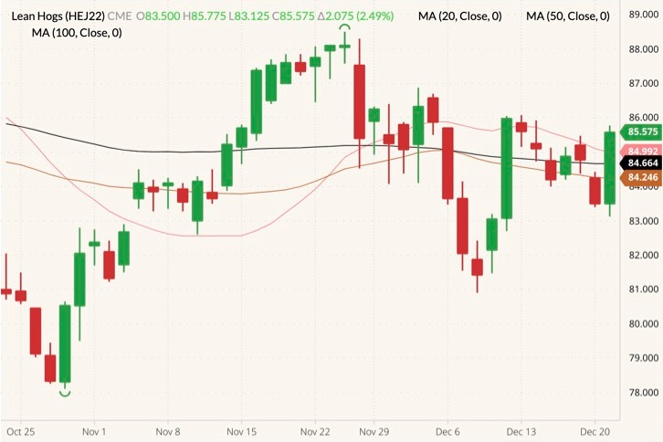 CME April 2022 lean hogs (candlesticks) with 20-, 50- and 100-day moving averages (pink, brown and black lines). (Barchart)
