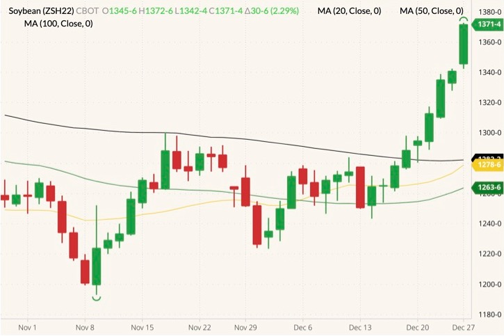 CBOT March 2022 soybeans (candlesticks) with 20-, 50- and 100-day moving averages (yellow, green and black lines). (Barchart)
